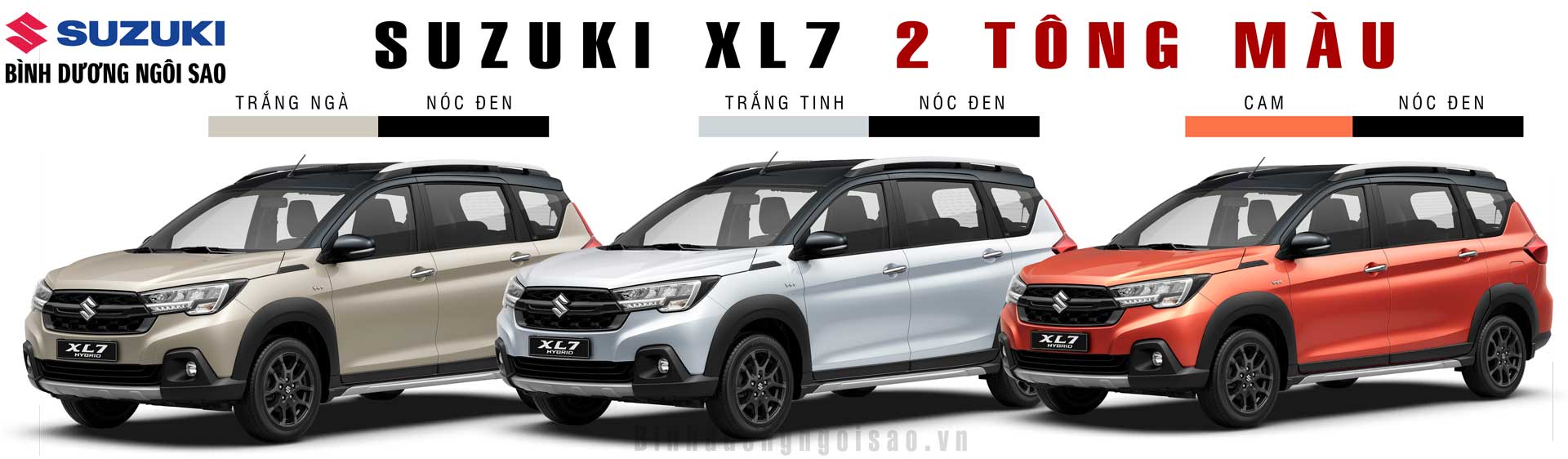 Bảng Màu Suzuki XL7 2025 sự lựa chọn hợp lý 3 Màu 2 tông (dual-tone – nóc đen): Trắng ngà – Nóc đen, Cam – Nóc đen, Trắng – Nóc đen.